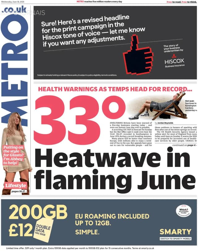 Capa jornal Metro London 2025-06-18