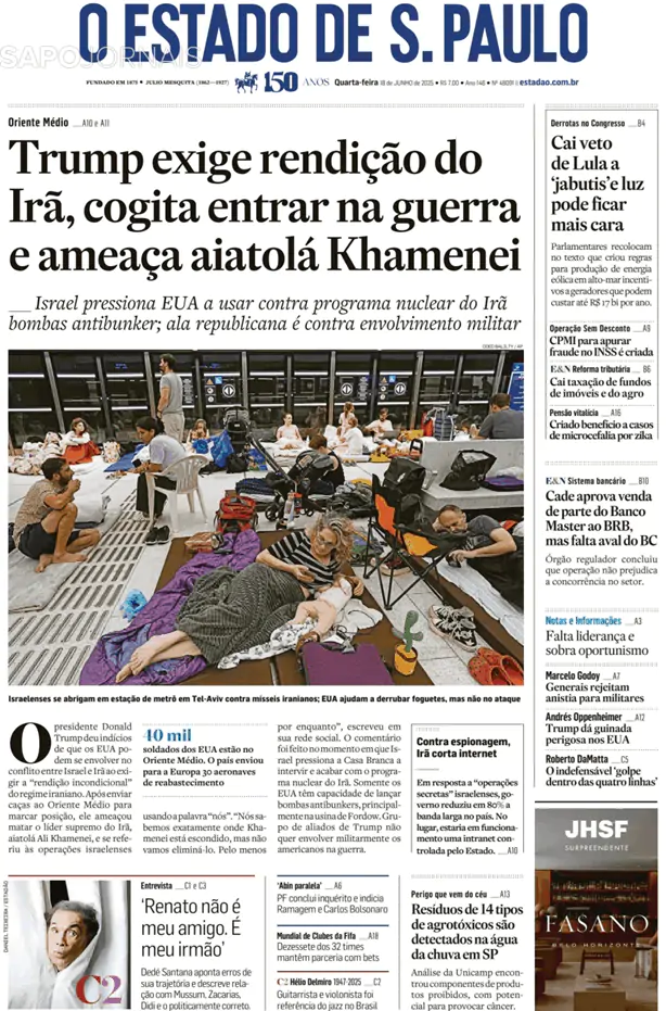 Capa jornal O Estado de S. Paulo 2025-06-18