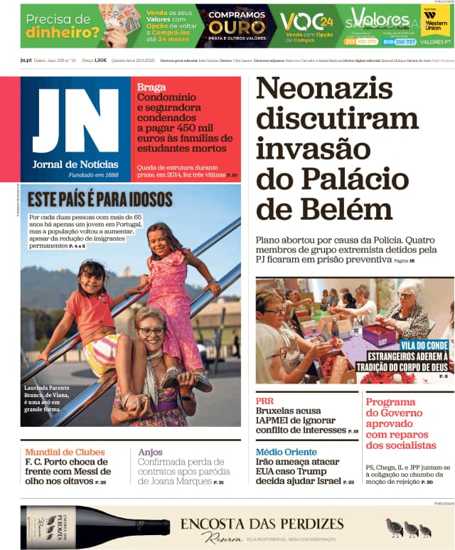 Capa jornal Jornal de Notícias 2025-06-19
