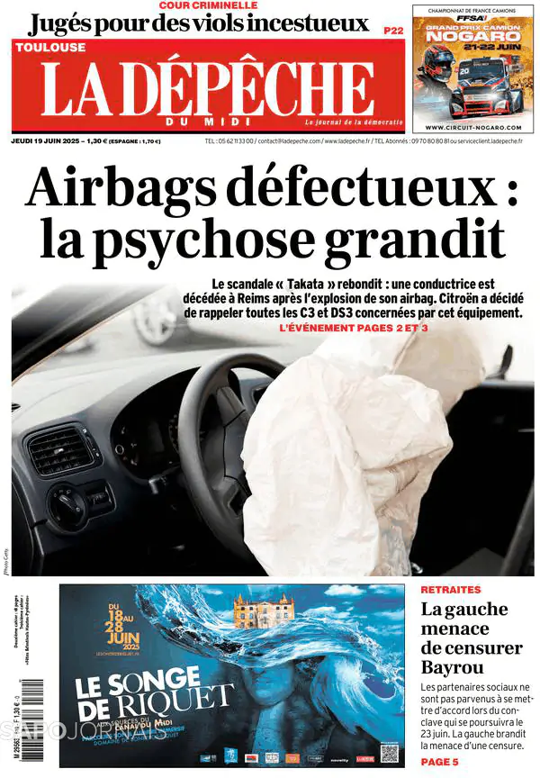 Capa jornal La Dépêche du Midi 2025-06-19
