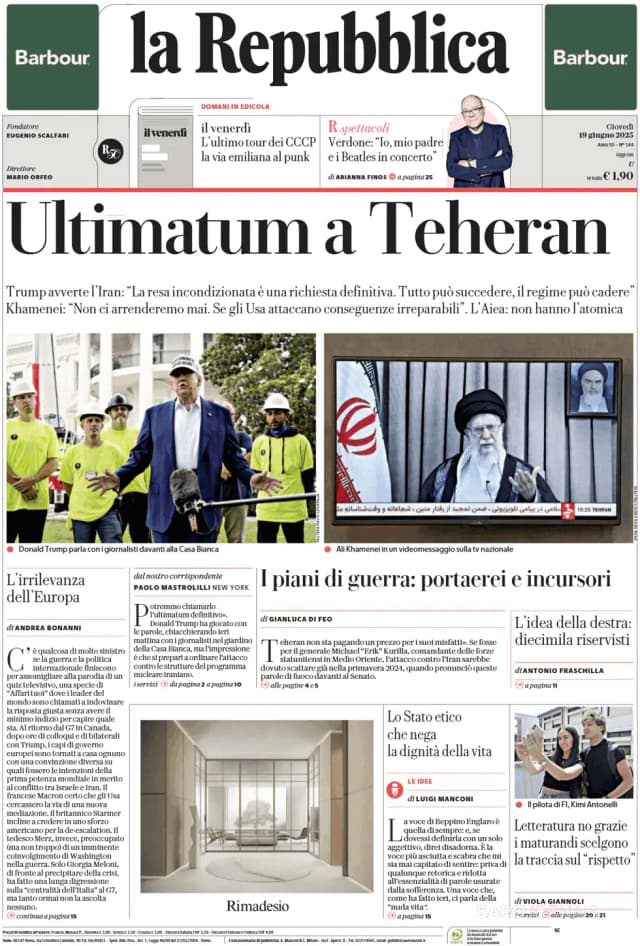 Capa jornal La Repubblica 2025-06-19