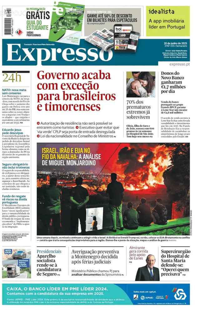 Capa jornal Expresso 2025-06-20