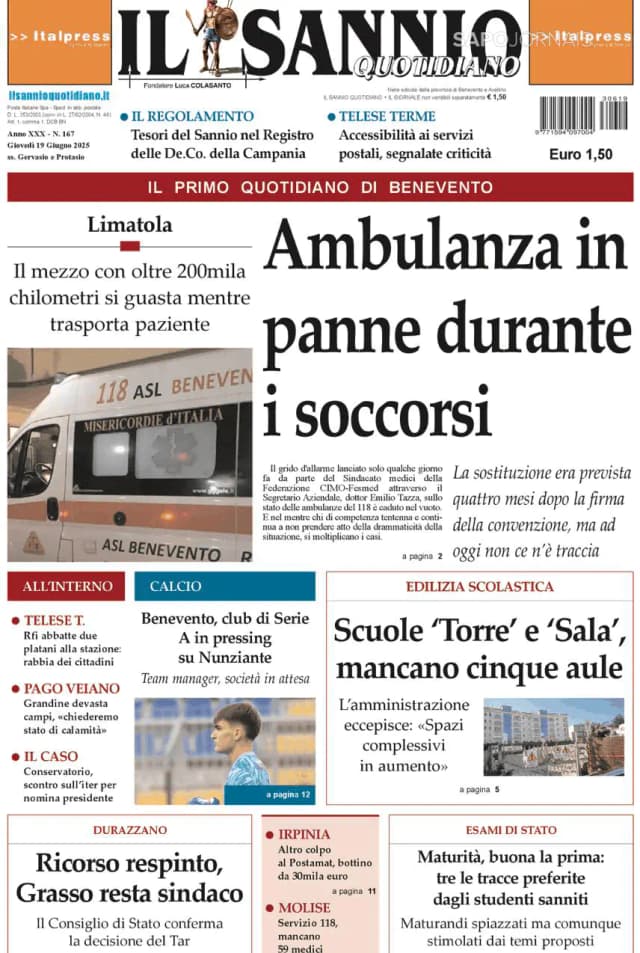 Capa jornal Il Sannio Quotidiano 2025-06-19
