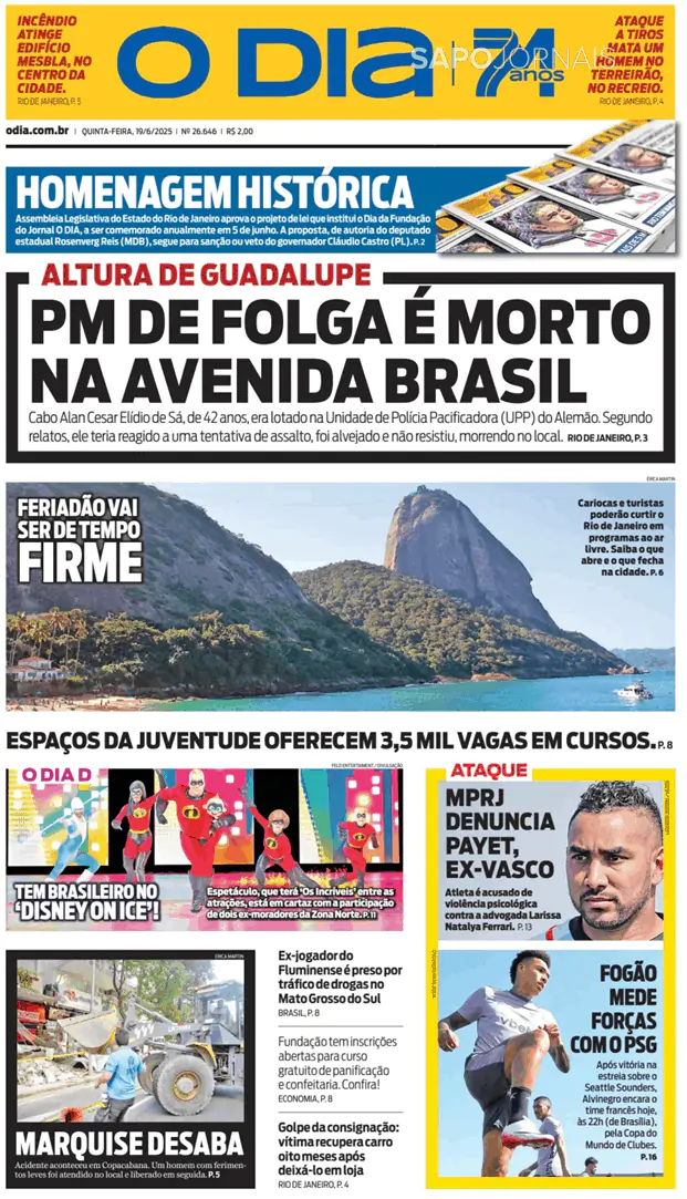 Capa jornal O Dia 2025-06-19