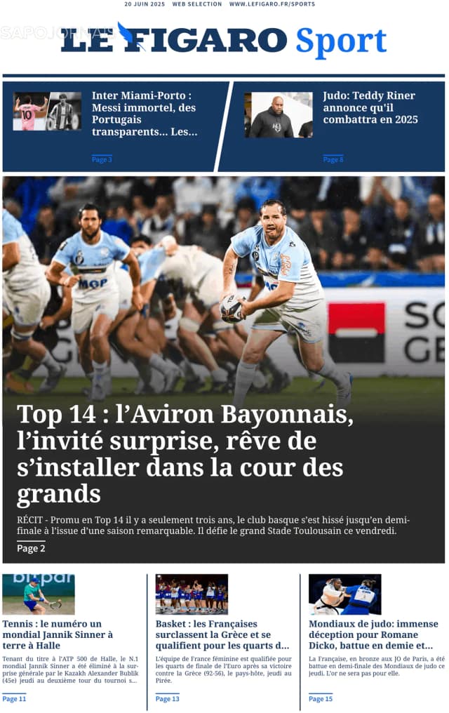 Capa jornal Le Figaro Sport 2025-06-20