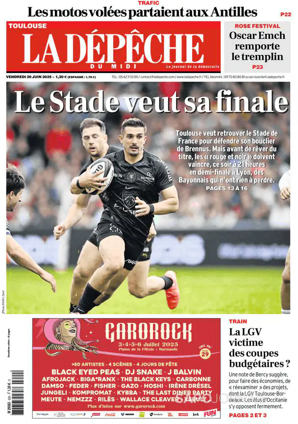 Capa jornal La Dépêche du Midi 2025-06-20