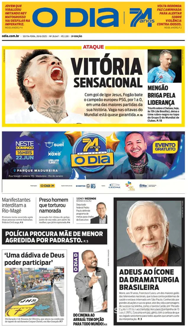 Capa jornal O Dia 2025-06-20