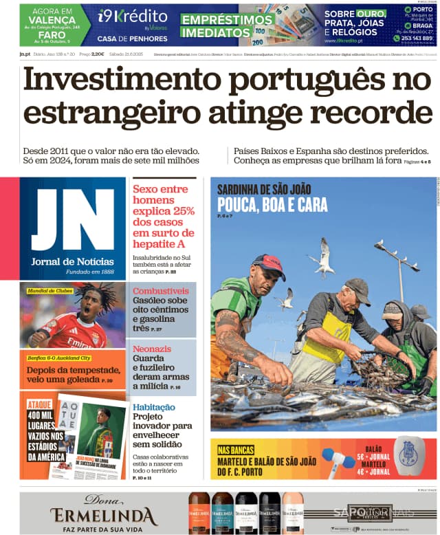 Capa jornal Jornal de Notícias 2025-06-21