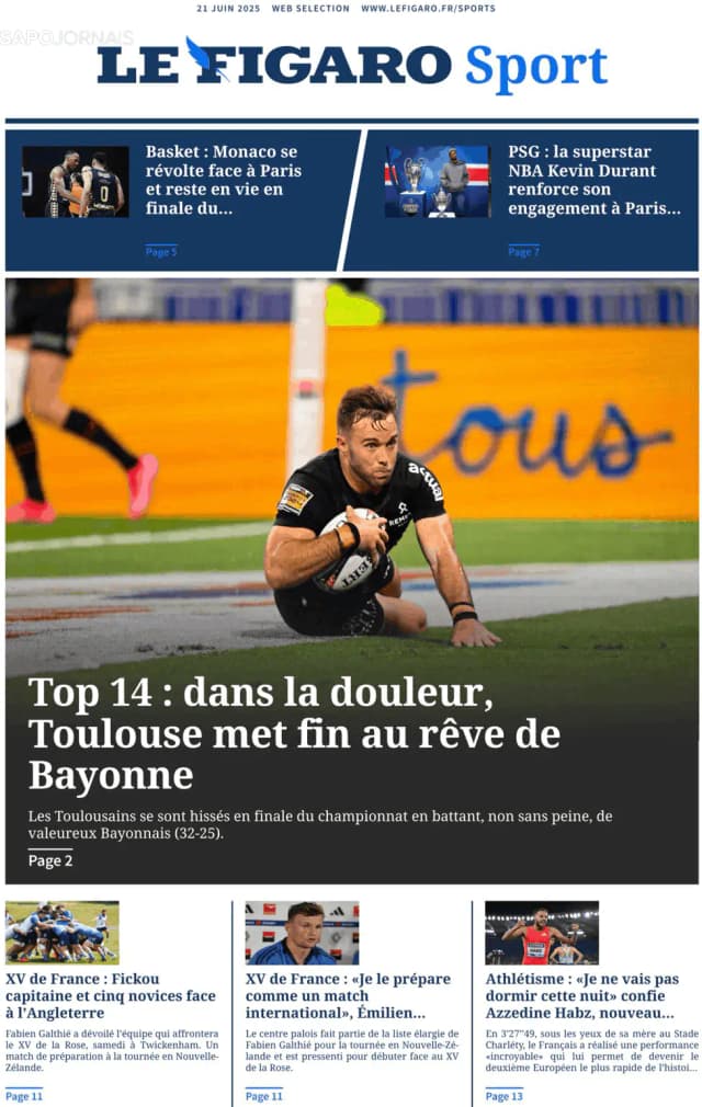 Capa jornal Le Figaro Sport 2025-06-21