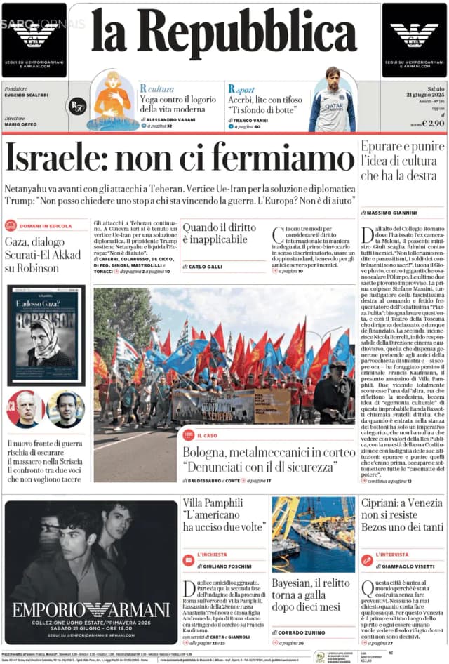 Capa jornal La Repubblica 2025-06-21