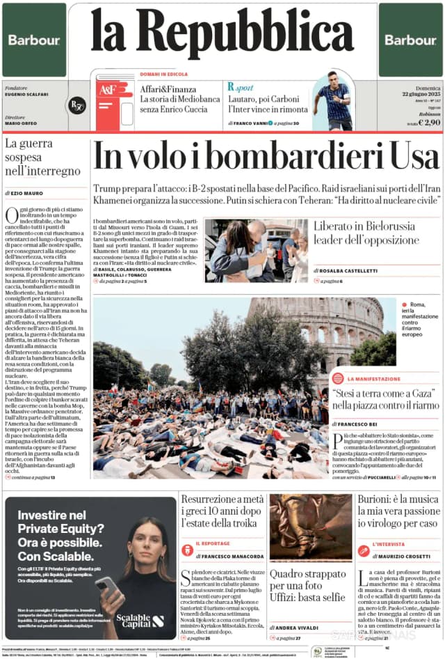 Capa jornal La Repubblica 2025-06-22