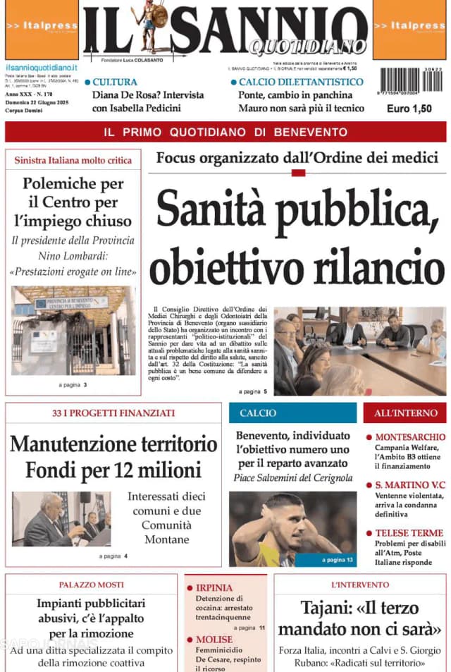 Capa jornal Il Sannio Quotidiano 2025-06-22