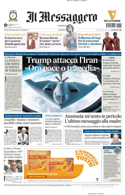 Capa jornal Il Messaggero 2025-06-23
