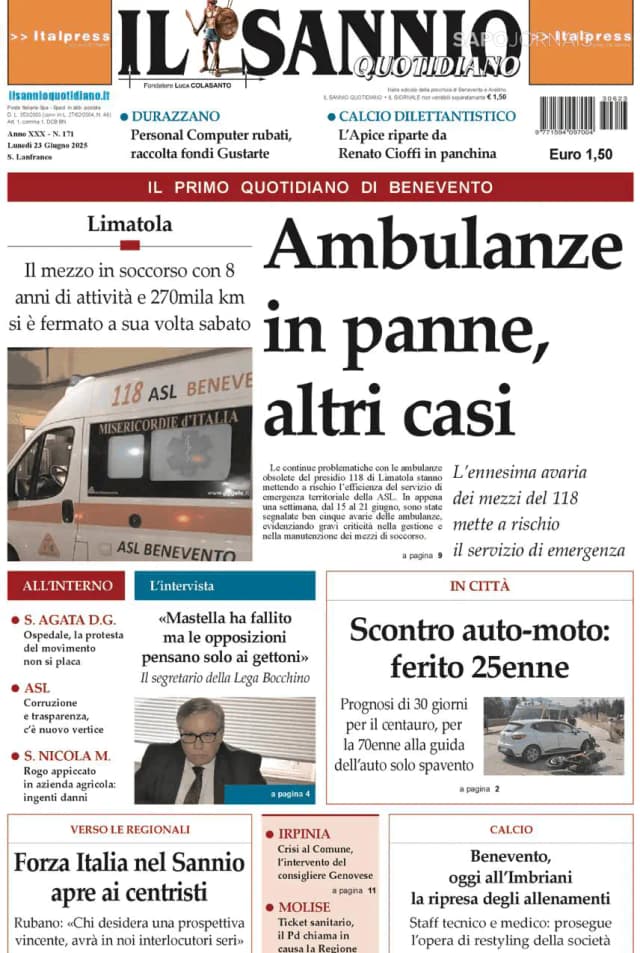 Capa jornal Il Sannio Quotidiano 2025-06-23