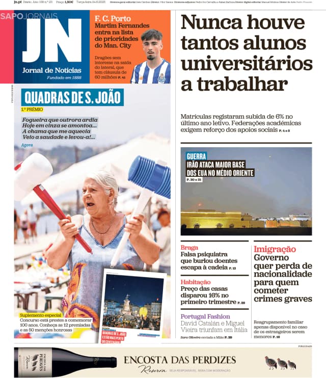 Capa jornal Jornal de Notícias 2025-06-24