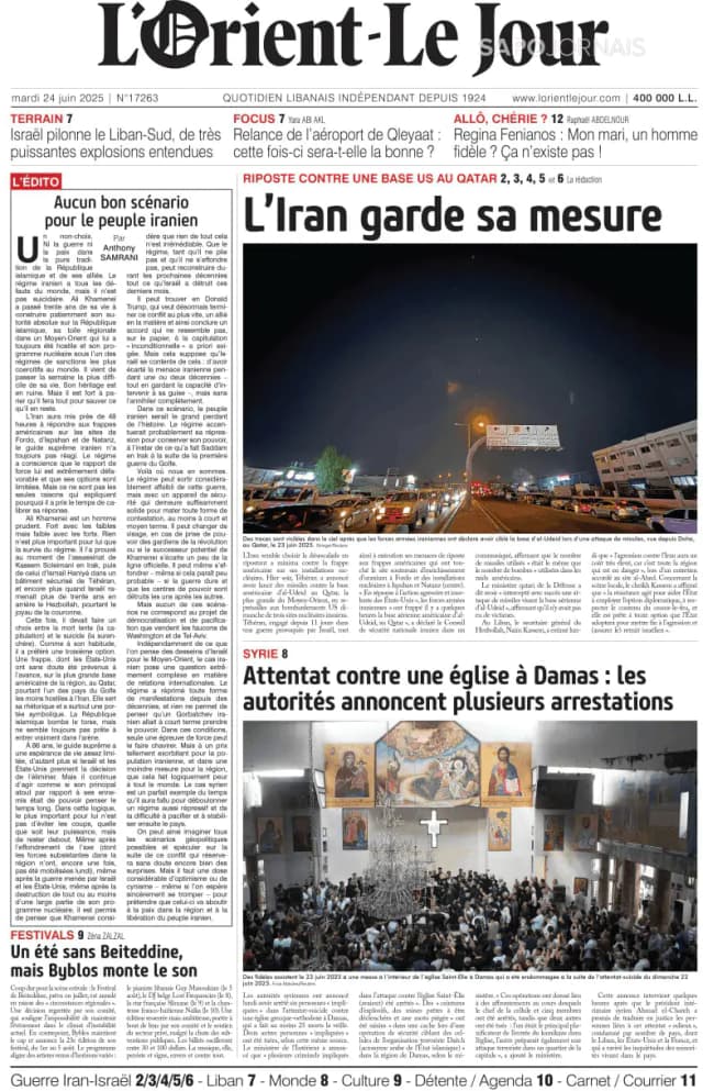 Capa jornal L'orient le jour 2025-06-24