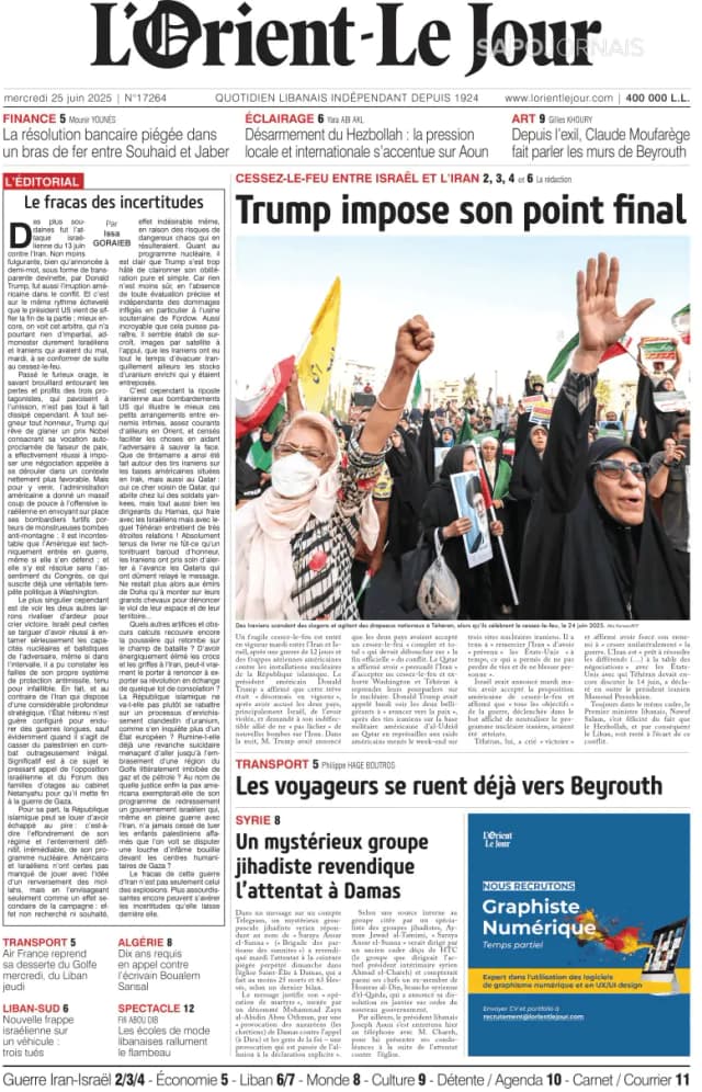 Capa jornal L'orient le jour 2025-06-25