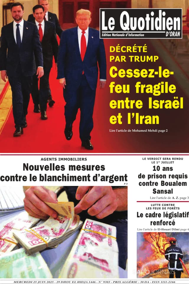 Capa jornal Le Quotidien D’Oran 2025-06-25