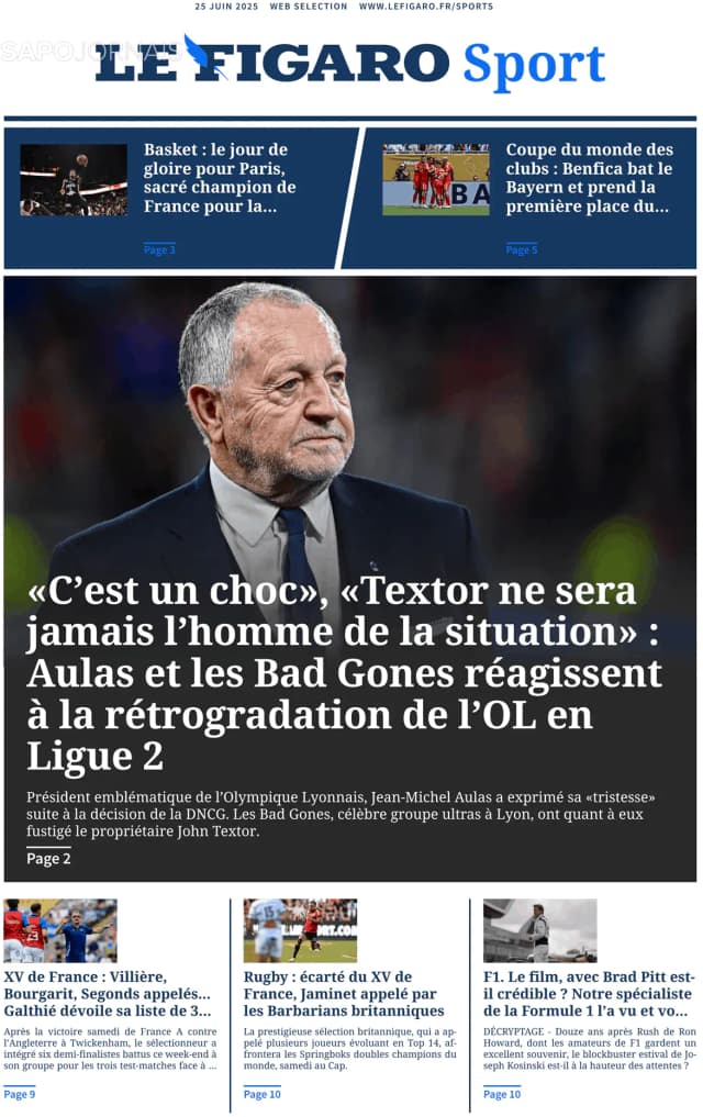 Capa jornal Le Figaro Sport 2025-06-25