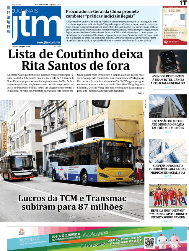 Capa jornal Jornal Tribuna de Macau 2025-06-26