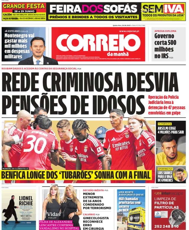 Capa jornal Correio da Manhã 2025-06-26