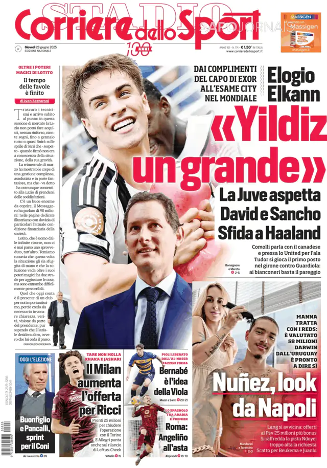 Capa jornal Corriere dello Sport 2025-06-26