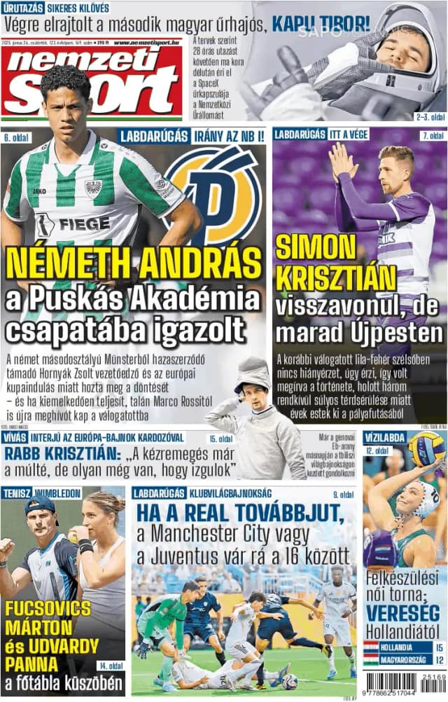 Capa jornal Nemzeti Sport 2025-06-26