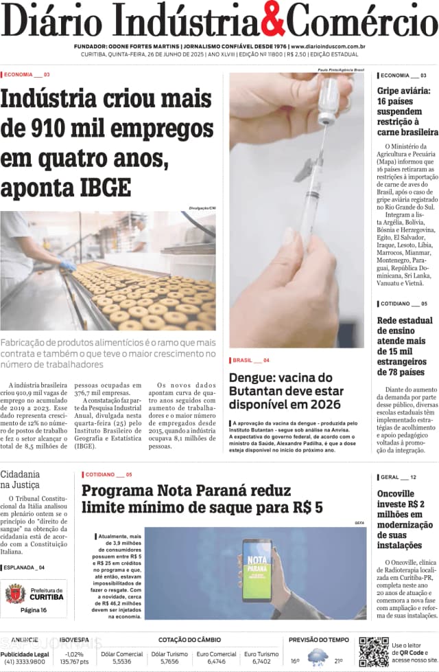 Capa jornal Diário Indústria & Comércio 2025-06-26