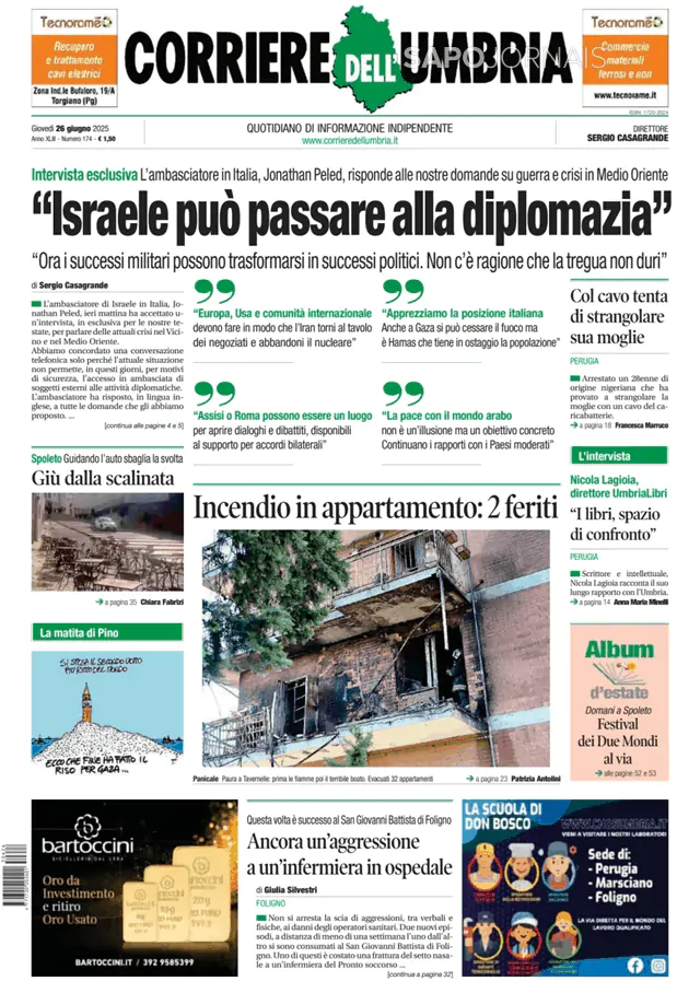 Capa jornal Corriere dell'Umbria 2025-06-26