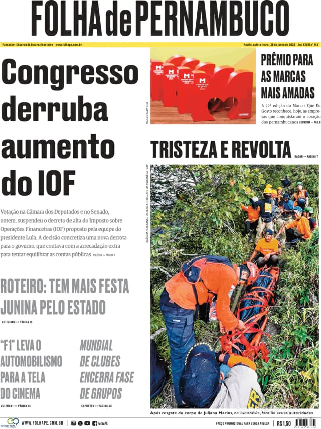 Capa jornal Folha de Pernambuco 2025-06-26