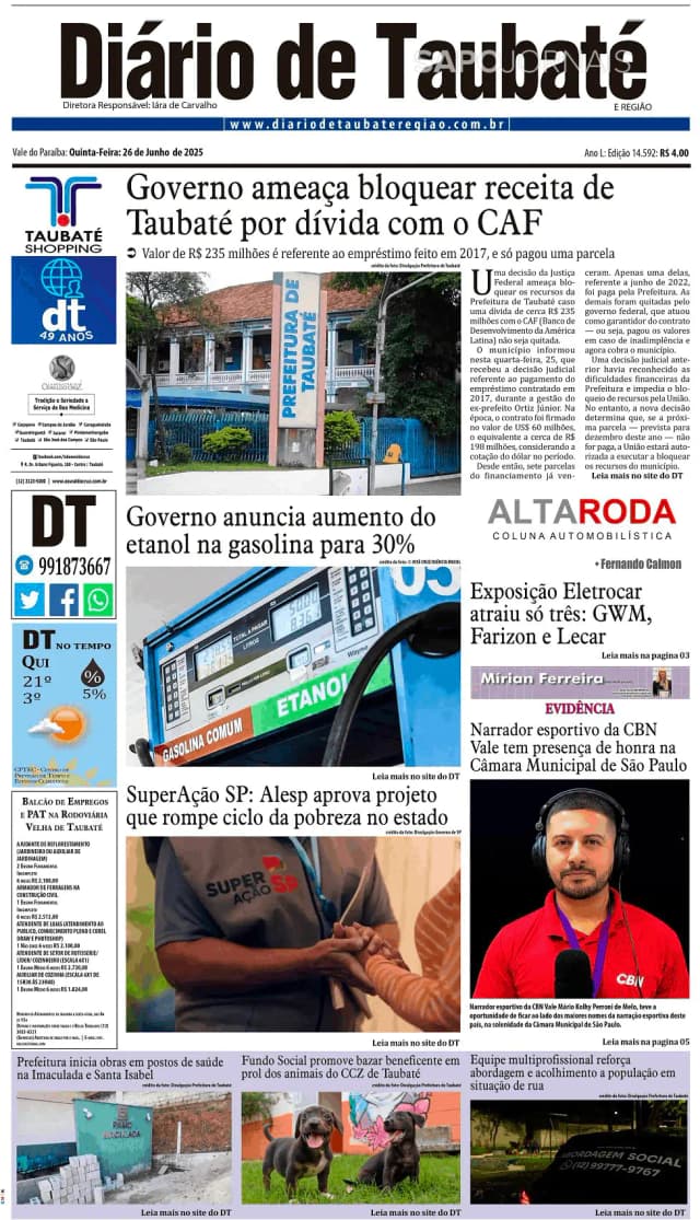 Capa jornal Diário de Taubaté 2025-06-26