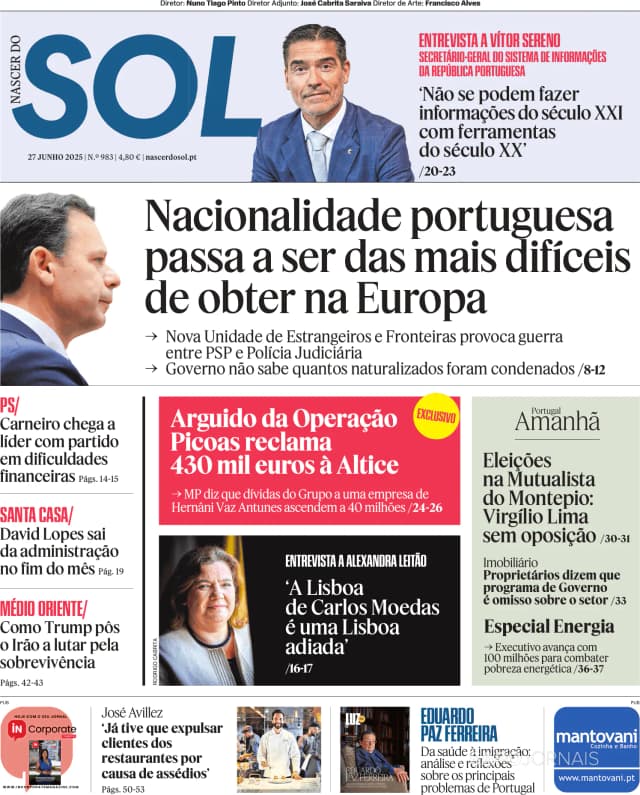 Capa jornal Nascer do SOL 2025-06-27