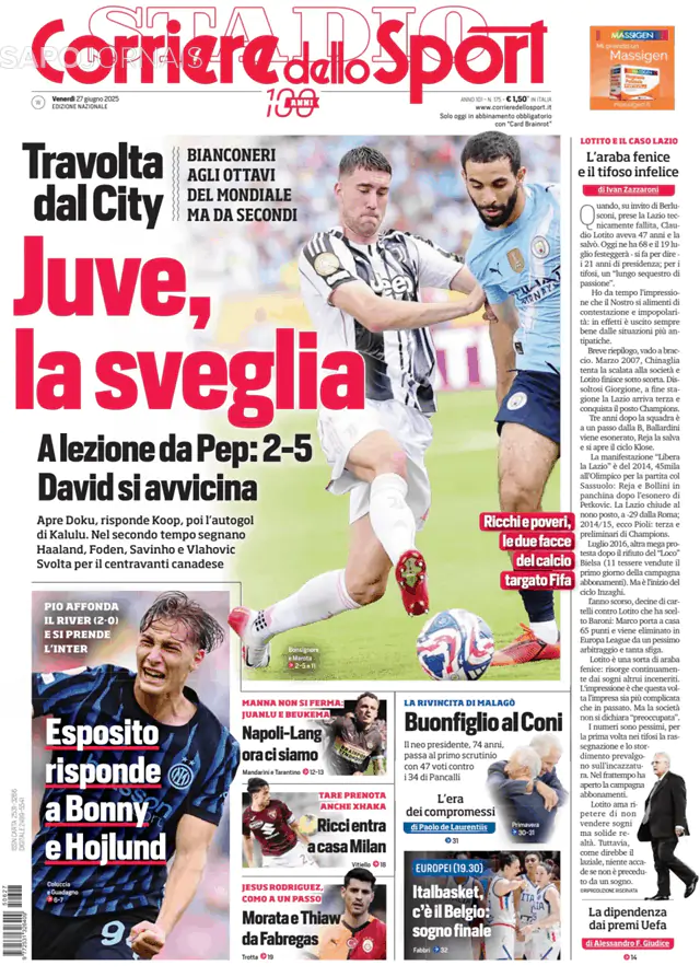 Capa jornal Corriere dello Sport 2025-06-27