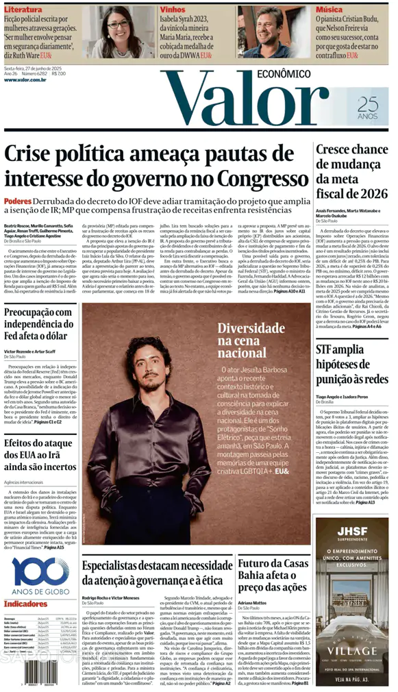 Capa jornal Valor Econômico 2025-06-27