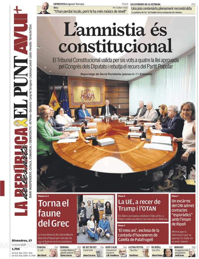 Capa jornal El Punt Avui | Nacional 2025-06-27