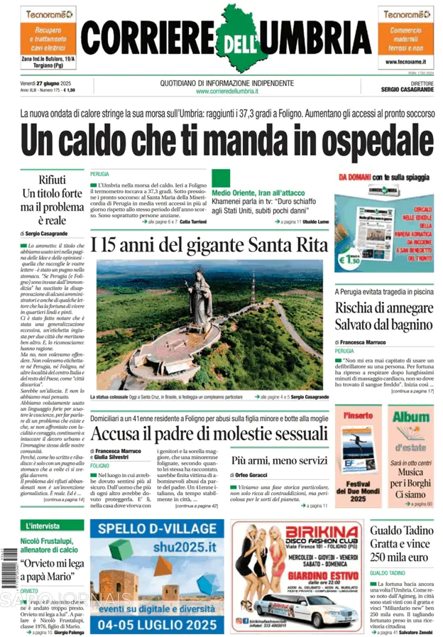Capa jornal Corriere dell'Umbria 2025-06-27