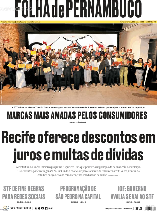 Capa jornal Folha de Pernambuco 2025-06-27