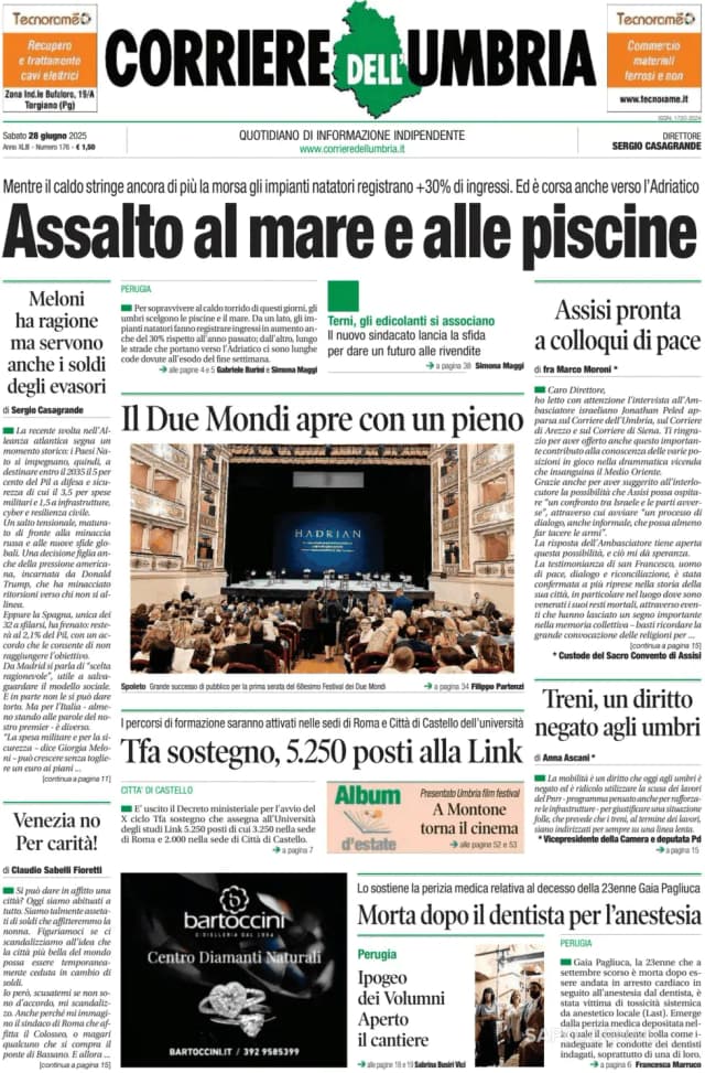 Capa jornal Corriere dell'Umbria 2025-06-28