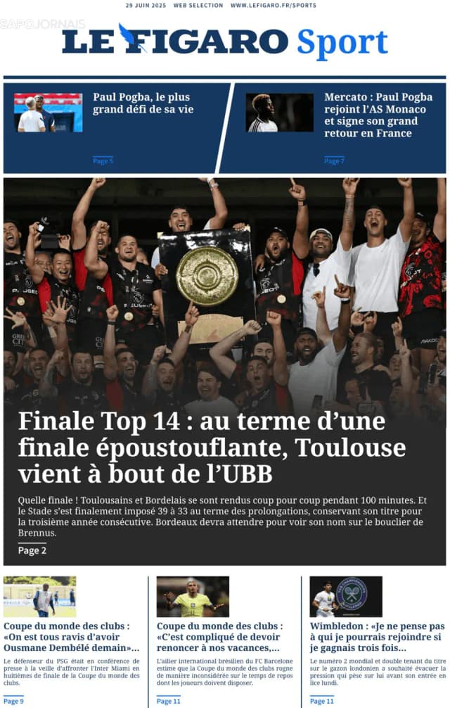 Capa jornal Le Figaro Sport 2025-06-29