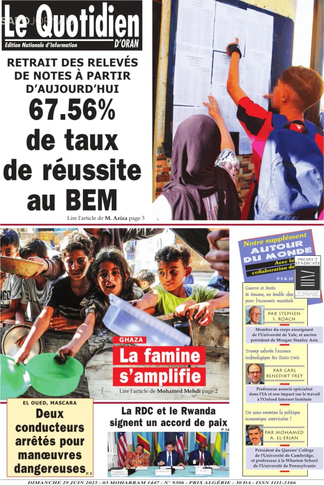 Capa jornal Le Quotidien D’Oran 2025-06-29