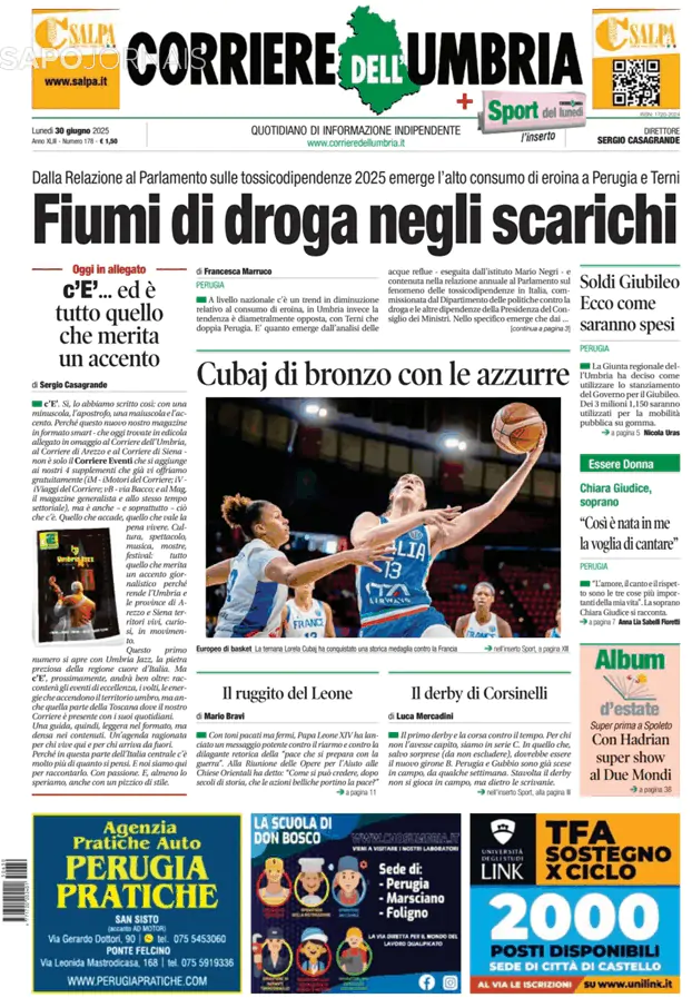 Capa jornal Corriere dell'Umbria 2025-06-30
