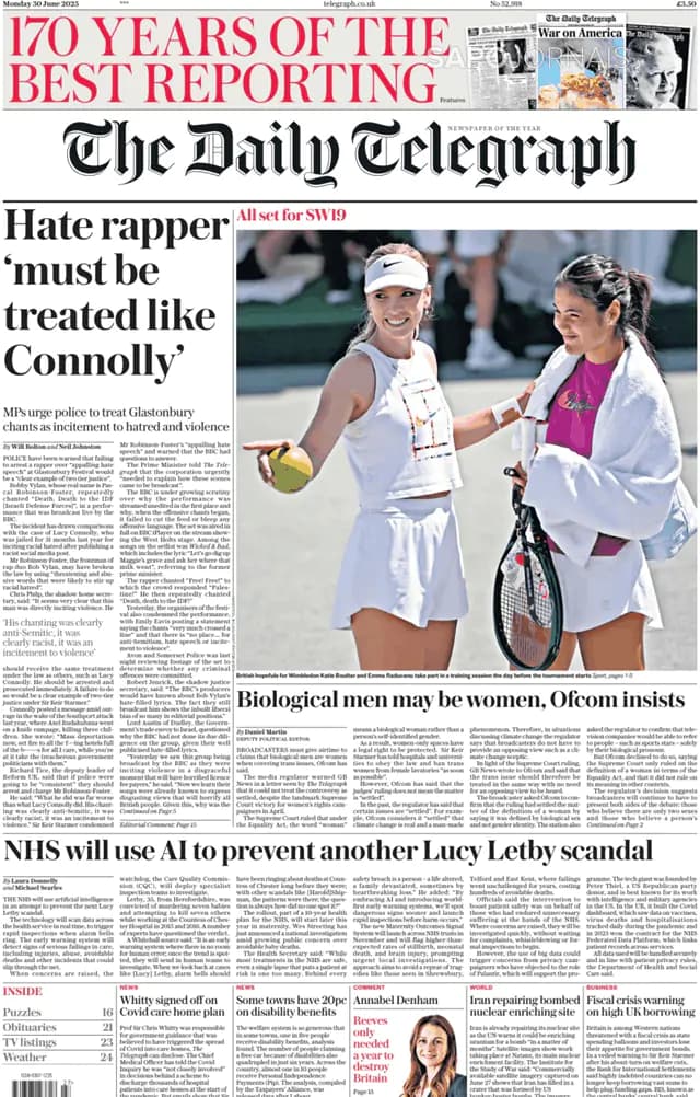 Capa jornal The Daily Telegraph 2025-06-30