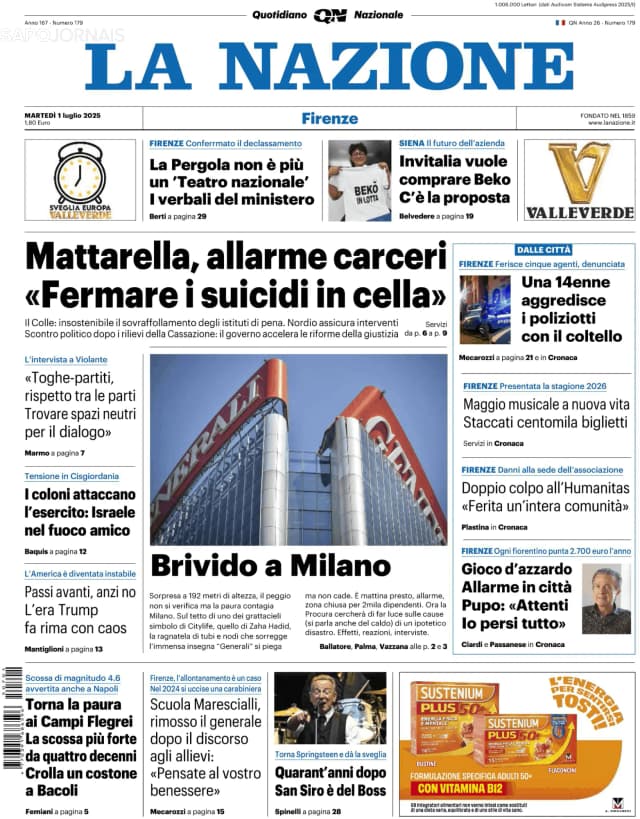 Capa jornal La Nazione 2025-07-01