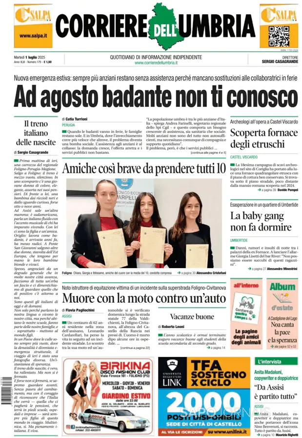 Capa jornal Corriere dell'Umbria 2025-07-01