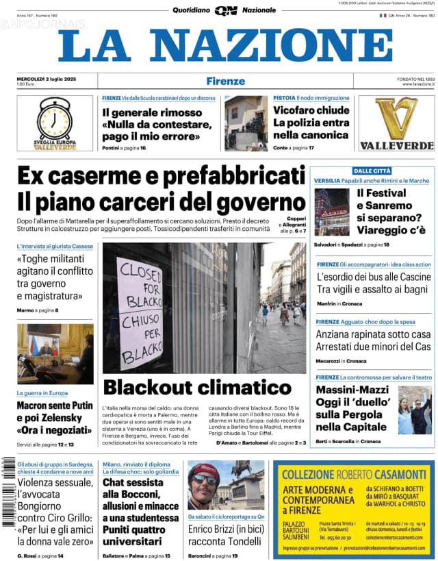 Capa jornal La Nazione 2025-07-02