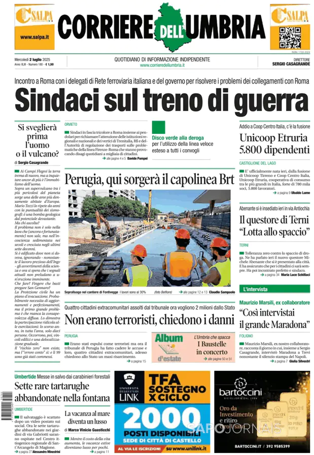 Capa jornal Corriere dell'Umbria 2025-07-02