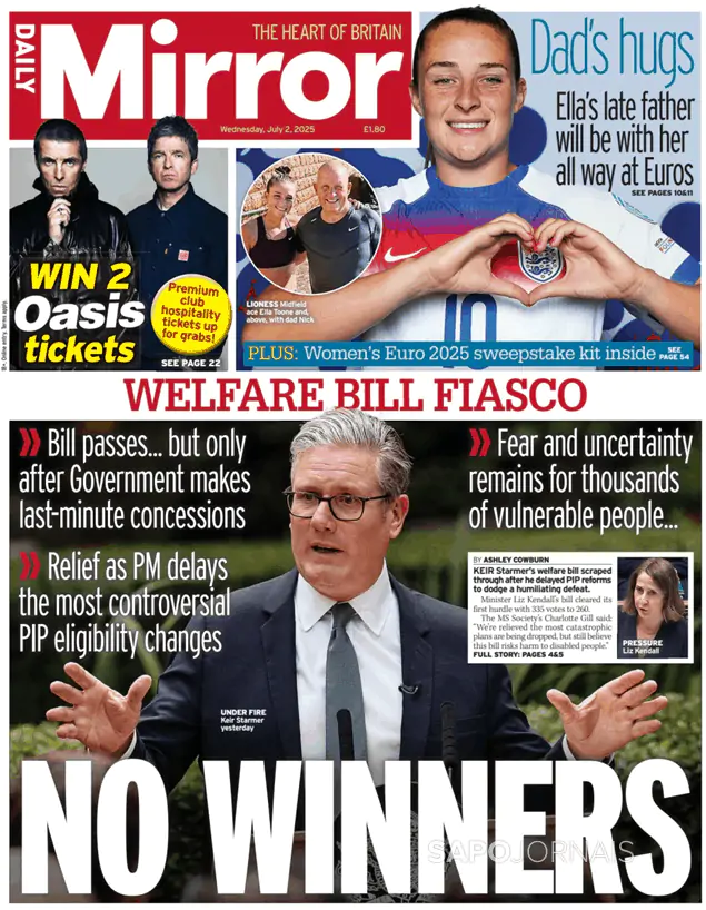 Capa jornal Daily Mirror 2025-07-02