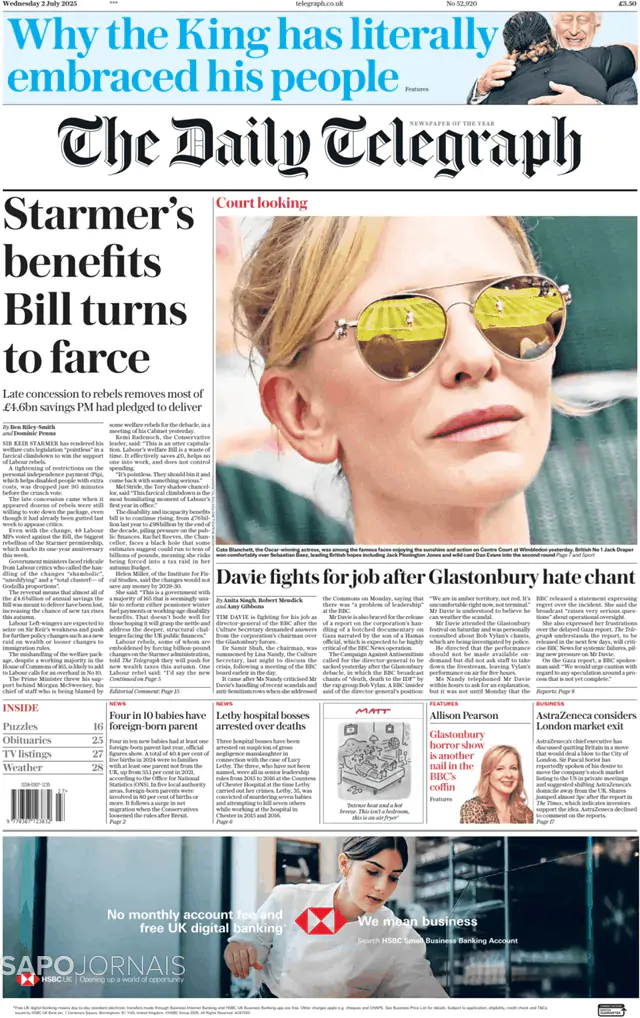 Capa jornal The Daily Telegraph 2025-07-02