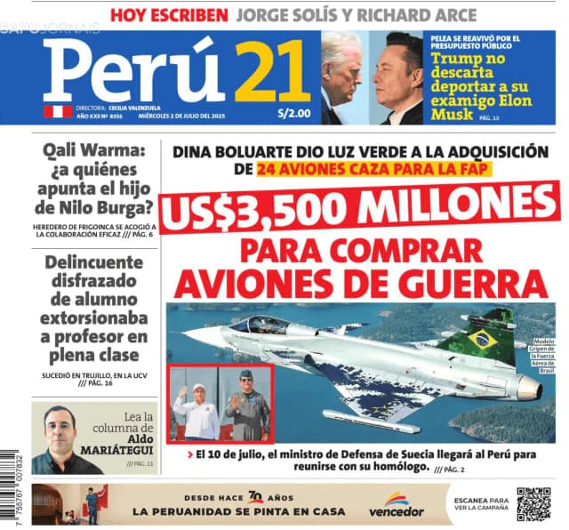 Capa jornal Perú 21 2025-07-02