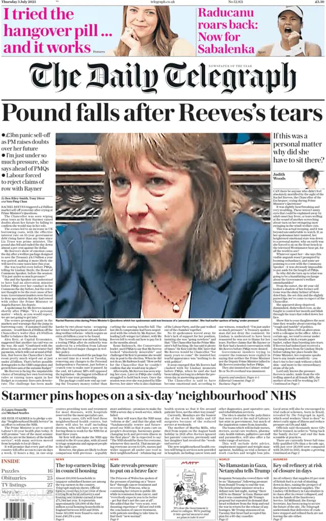 Capa jornal The Daily Telegraph 2025-07-03